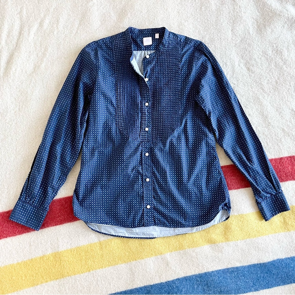 Ann Mashburn blue mini paisley print pintuck bib shirt